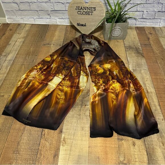TED BAKER London Long 100% Silk Scarf Wrap Gold/black - Picture 2 of 9
